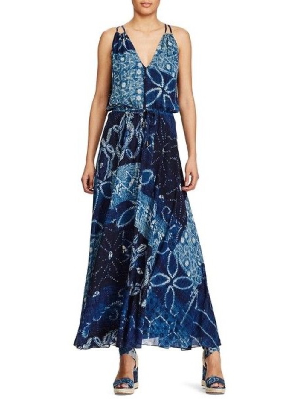 Ralph Lauren Navy & Light Blue Floral V-Neck Maxi Dress